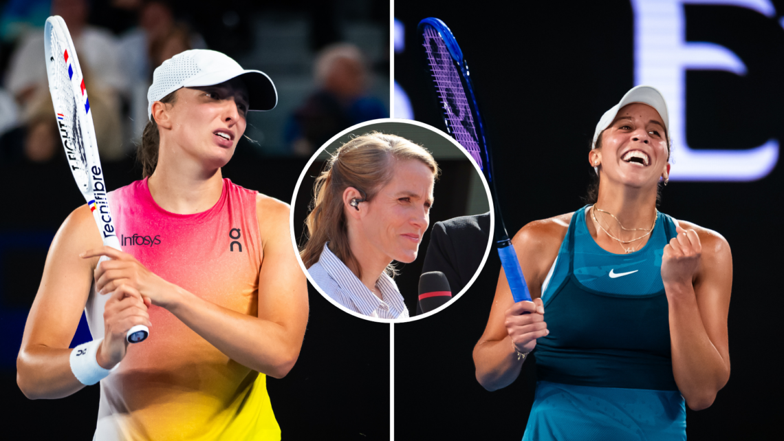 Split image of Iga Swiatek and Madison Keys, with an inset of Justine Henin