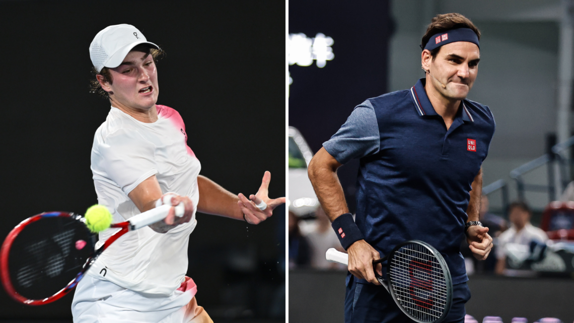 Split image of Joao Fonseca in action at the Australian Open alongside Roger Federer