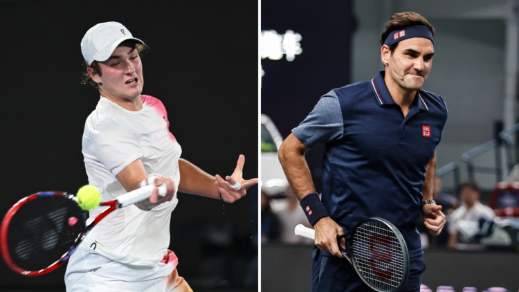 Split image of Joao Fonseca in action at the Australian Open alongside Roger Federer