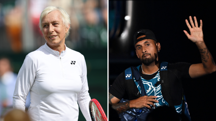 Split image of Martina Navratilova and Nick Kyrgios waving to the crowd at the 2025 Australian Open
