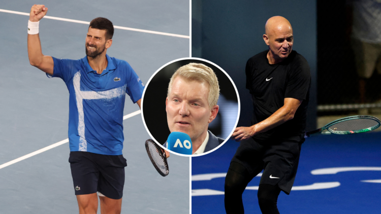 Split image of Novak Djokovic and Andre Agassi, with an inset of Jim Courier speaking