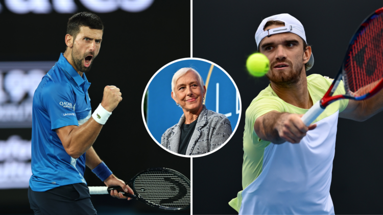 Split image of Novak Djokovic and Tomas Machac (Both at the 2025 Australian Open) with an inset of Martina Navratilova