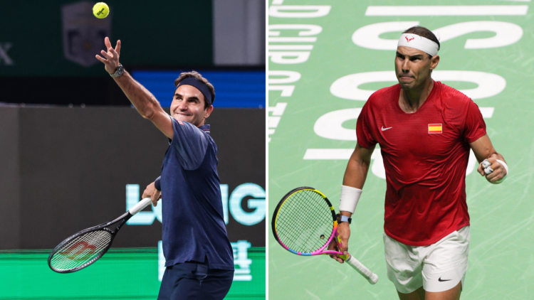 Split image of Roger Federer and Rafael Nadal both playing