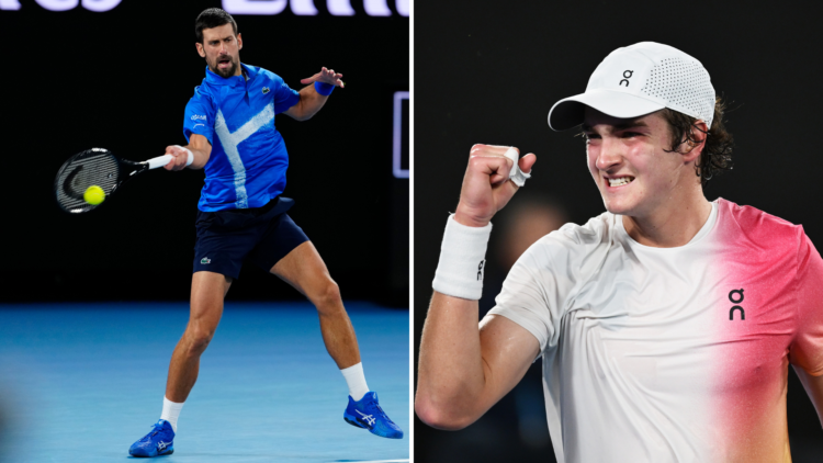 Split image with Novak Djokovic and Joao Fonesca
