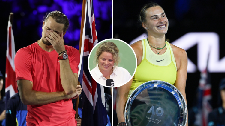 Alexander Zverev (looking upset at the Australian Open) next to Aryna Sabalenka (smiling at the Australian Open) with an inset of Kim Clijsters
