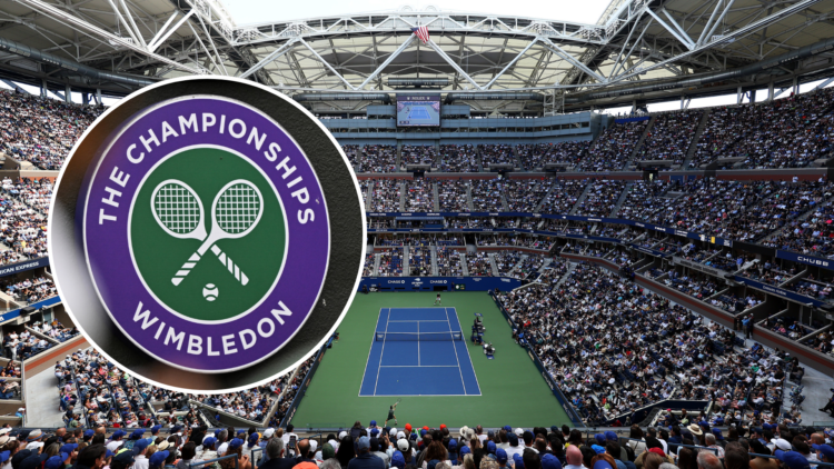 Overhead shot of the US Open's Arthur Ashe Stadium with an inset of the current Wimbledon logo