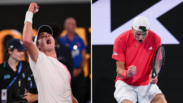 split image of Joao Fonseca and Jakub Mensik (Both celebrating after wins at the 2025 Australian Open)