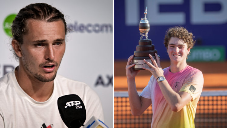 Split image of Alexander Zverev of Germany press conference and Joao Fonseca of Brazil holding the Argentina Open trophy.