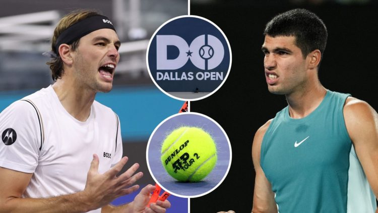 Split image of Carlos Alcaraz and Taylor Fritz. Inset, close-ups of the Dallas Open logo, and the logos on the tennis ball used at the Dallas Open.