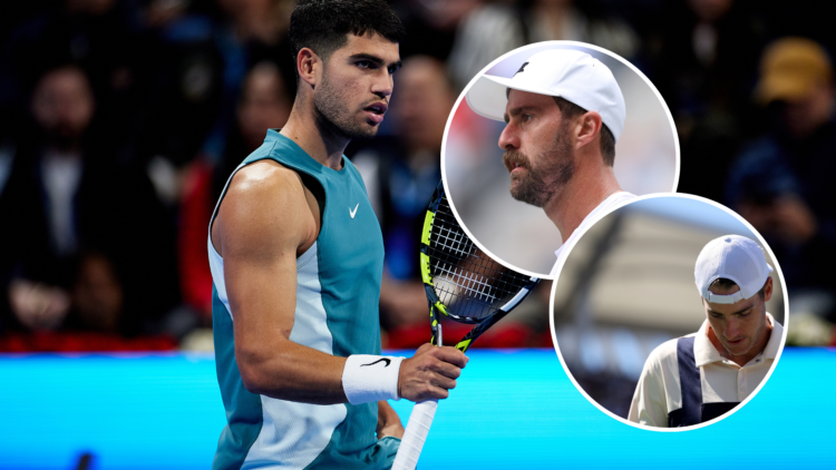 M - Carlos Alcaraz of Spain celebrates a point against Luca Nardi of Italy during day three of the Qatar ExxonMobil Open Bottom inset - John Isner ...