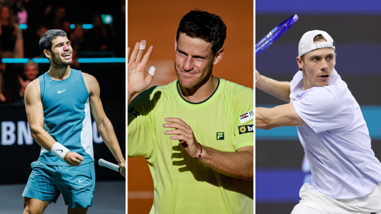 Three way split of (L) Carlos Alcaraz of Spain during the ABN AMRO World Tennis Tournament Day 9 at the Rotterdam Ahoy (M) Diego Schwartzman of Arg...