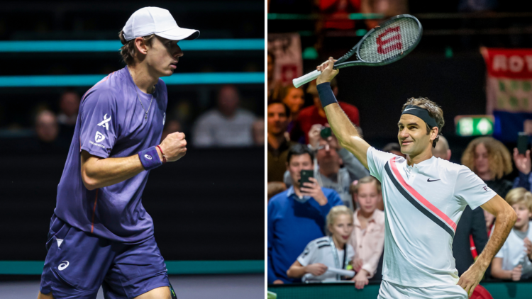 Split image of Alex De Minaur of Australia reacts during the tennis game in Rotterdam (L) and Roger Federer during the ABN Amro World Tennis Tourna...