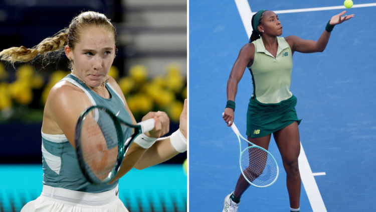 Split image of Mirra Andreeva plays a forehand against Elina Avanesyan of Armenia in their first round match during day two of the Dubai Duty Free ...