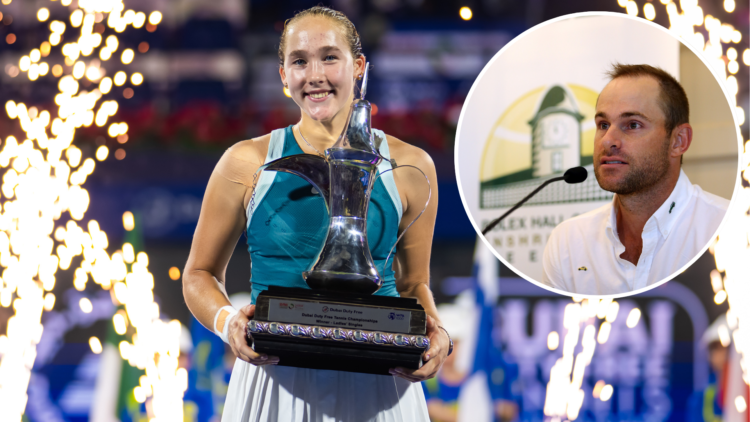 Mirra Andreeva poses with the champions trophy after defeating Clara Tauson of Denmark in the singles final on Day Seven of the Dubai Duty Free Ten...