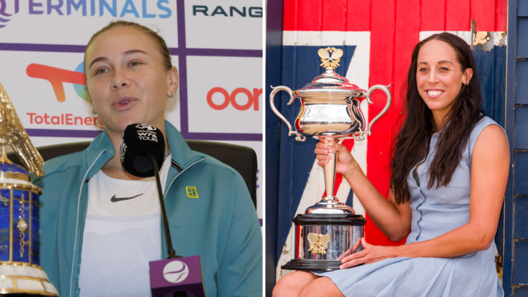 Split image of Amanda Anisimova of the United States press conference against Jelena Ostapenko of Latvia during the Qatar TotalEnergies Open and Ma...