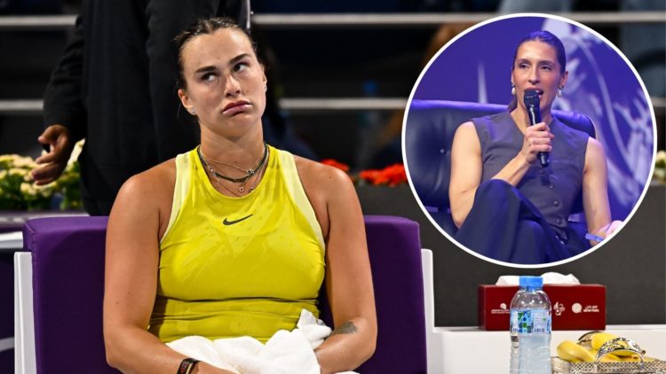 Aryna Sabalenka reacts during the round of 32 match against Ekaterina Alexandrova at the WTA Qatar TotalEnergies Open 2025 and inset of Andrea Petk...