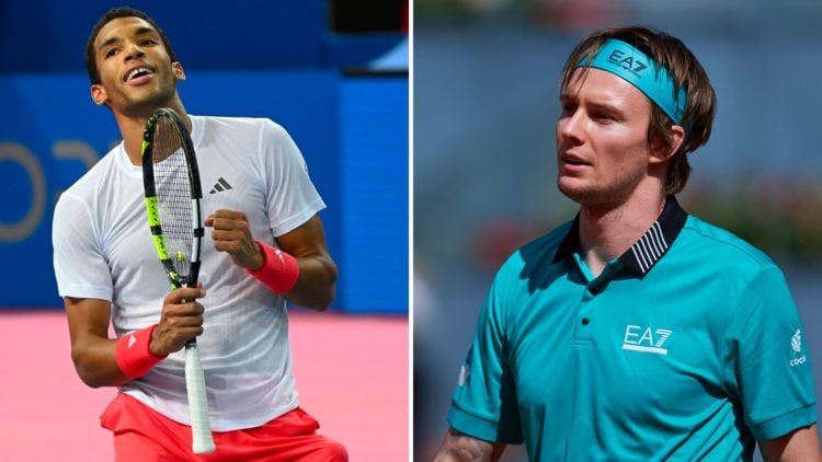Split image of Canada's Felix Auger Aliassime celebrates his victory after winning the ATP World Tour Open Occitanie final tennis match against US'...