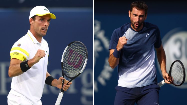 Split image of Roberto Bautista Agut of Spain celebrates during the Men's Single's Round of 16 match between Jannik Sinner and Roberto Bautista Agu...