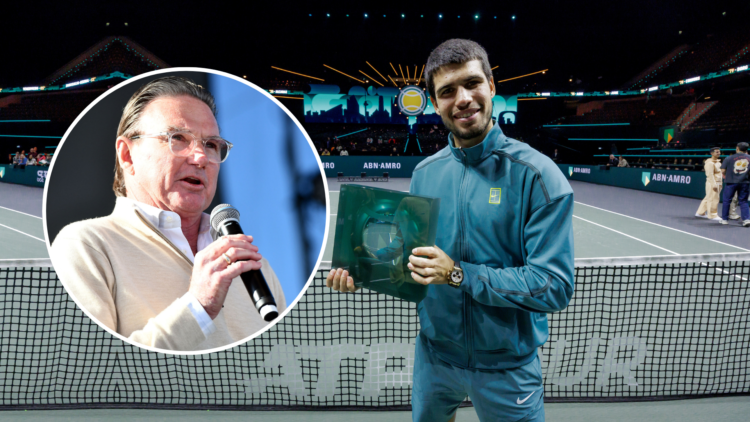 Carlos Alcaraz of Spain celebrates the ABN AMRO World Tennis Tournament championship with the trophy with an inset of Tennis legend Jimmy Connors o...