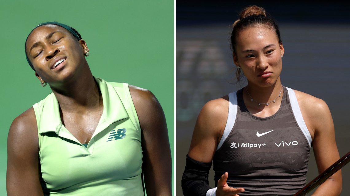 Split image of Coco Gauff of the United States reacts while playing against Mccartney Kessler of the United States in their second round match duri...