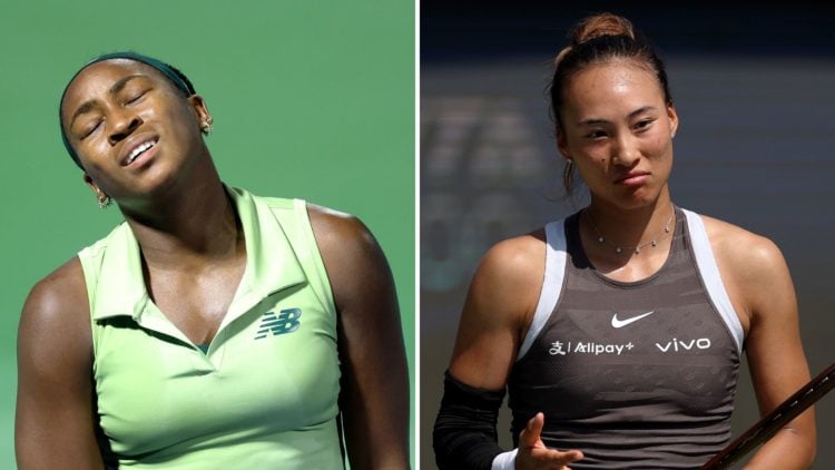 Split image of Coco Gauff of the United States reacts while playing against Mccartney Kessler of the United States in their second round match duri...