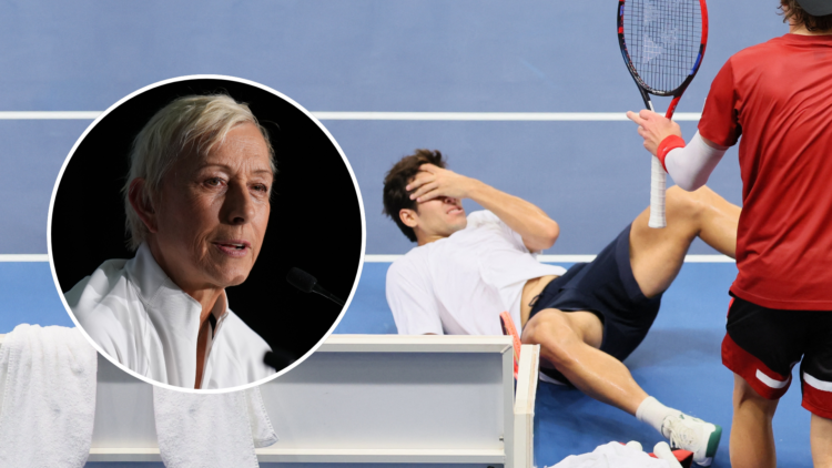 Chilean Cristian Garin is pictured during a game between Belgian Bergs and Chilean Garin on the floor, with an inset of Martina Navratilova speakin...