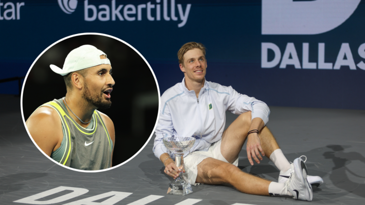 Denis Shapovalov (CAN) poses with the trophy after winning the Dallas Open, with an inset of Nick Kyrgios of Australia looking on.