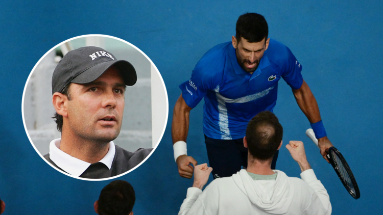 Serbia's Novak Djokovic celebrates with his coach, Britain's Andy Murray with an inset of Paul Annacone looking on