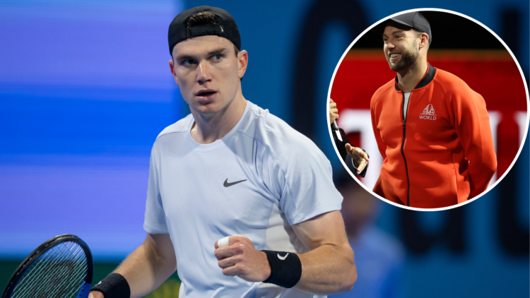Jack Draper of Britain competes with Andrey Rublev of Russia during the final match of the ATP Qatar ExxonMobil Open 2025 and an inset of Jack Sock...