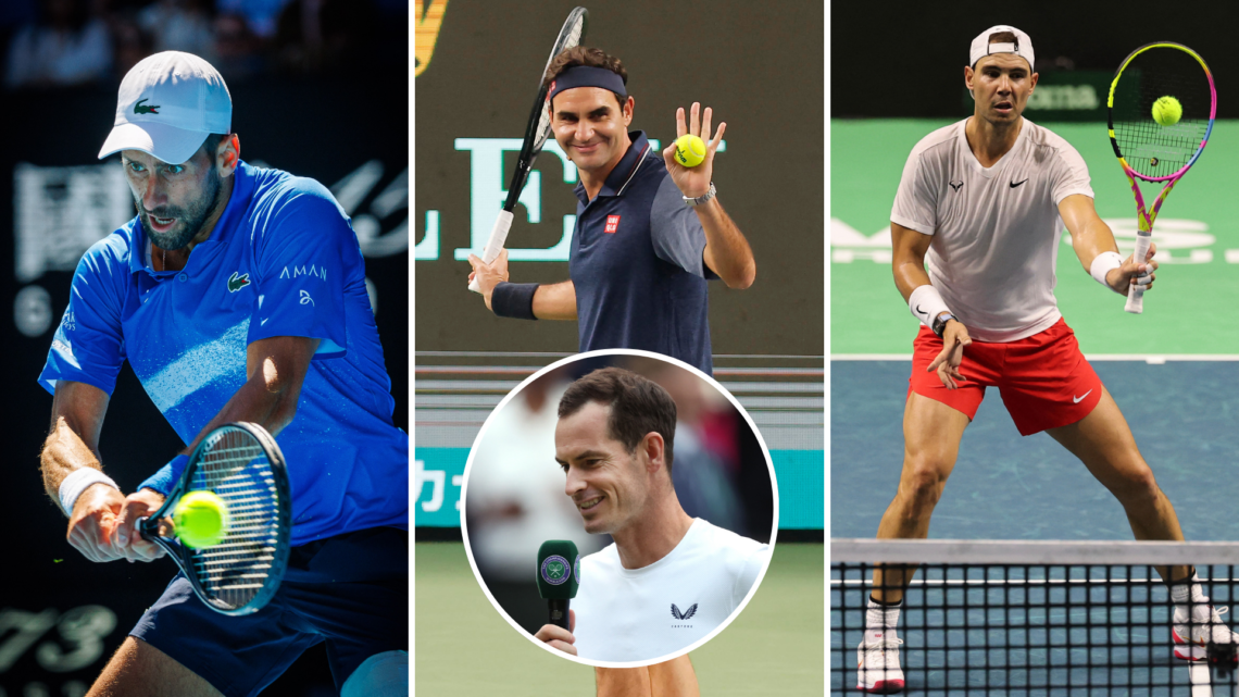 Three way split of (M) Retired tennis player Roger Federer attends Roger Federer fans day, (L) Serbian Novak Djokovic pictured in action during a t...