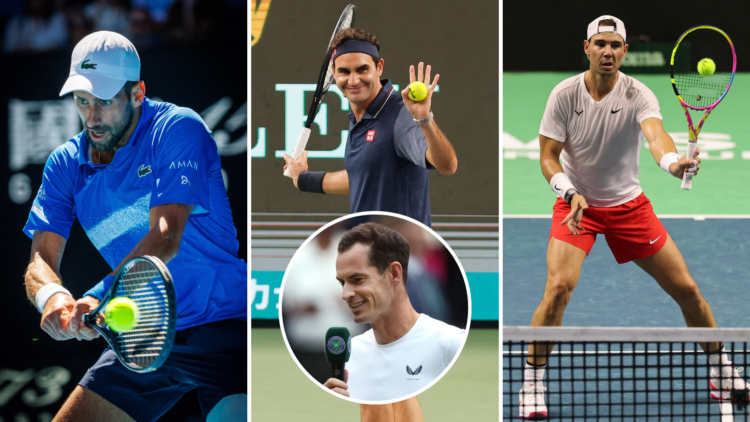 Three way split of (M) Retired tennis player Roger Federer attends Roger Federer fans day, (L) Serbian Novak Djokovic pictured in action during a t...