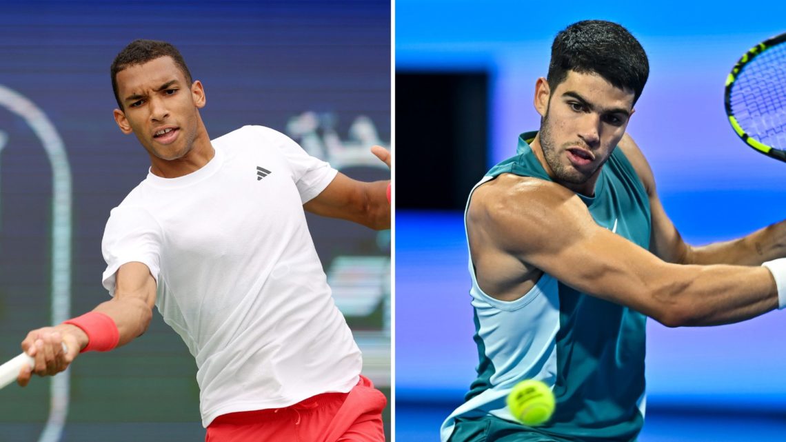 Split image of Felix Auger-Aliassime of Canada plays a forehand against Marin Cilic of Croatia in their quarter final match during day twelve of th...