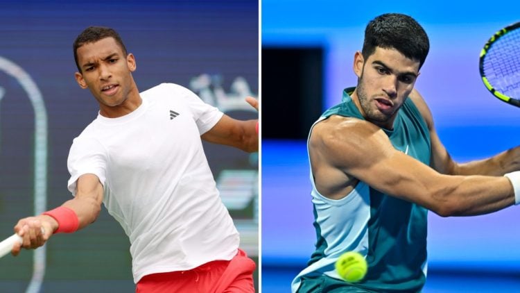 Split image of Felix Auger-Aliassime of Canada plays a forehand against Marin Cilic of Croatia in their quarter final match during day twelve of th...