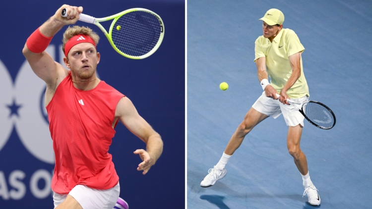 Split image of (R) Alejandro Davidovich Fokina of Spain playing a shot and (L) Jannik Sinner of Italy in action during Men's Singles Final at the A...