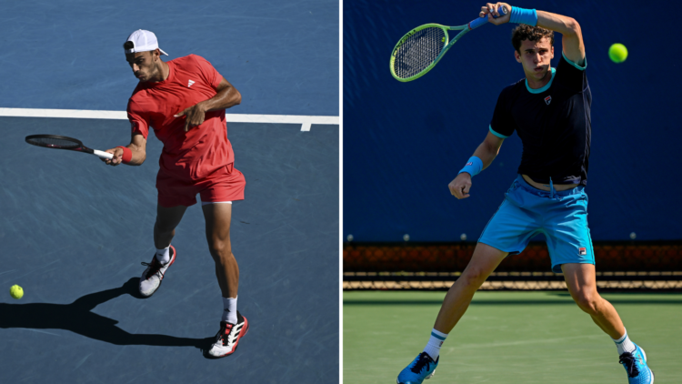 Split image of (R) Francisco Cerundolo of Argentina in action and (L) Juan Manuel Cerundolo of Argentina returning a shot