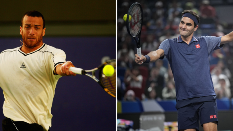 Split image of Franco Squillari hitting a forehand return during his match with Richard Krajicek of the Netherlands (L) and Roger Federer competing...