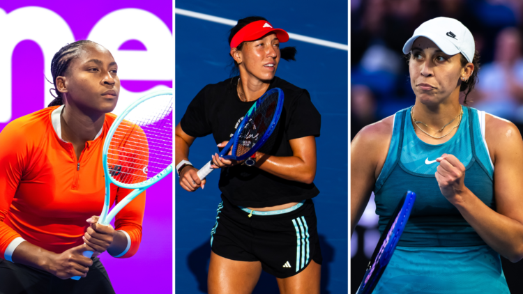 Three way split image of (R) Coco Gauff of the United States during practice, (M) Jessica Pegula during practice and (L) Madison Keys of the United...