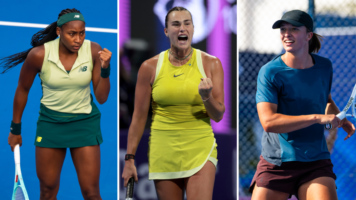 Three way split of Coco Gauff of the United States reacts while playing against Marta Kostyuk of Ukraine, Aryna Sabalenka of Belarus competing agai...