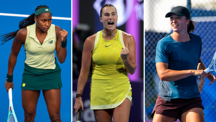 Three way split of Coco Gauff of the United States reacts while playing against Marta Kostyuk of Ukraine, Aryna Sabalenka of Belarus competing agai...