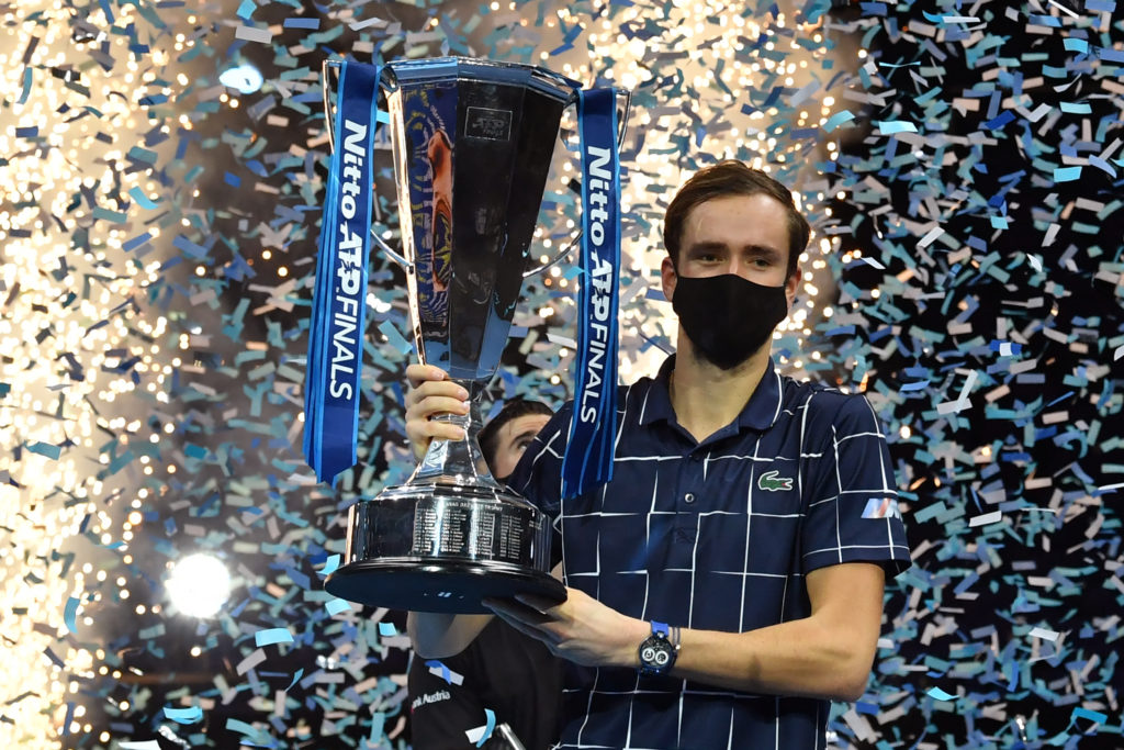 Daniil Medvedev celebrates with the ATP Finals title