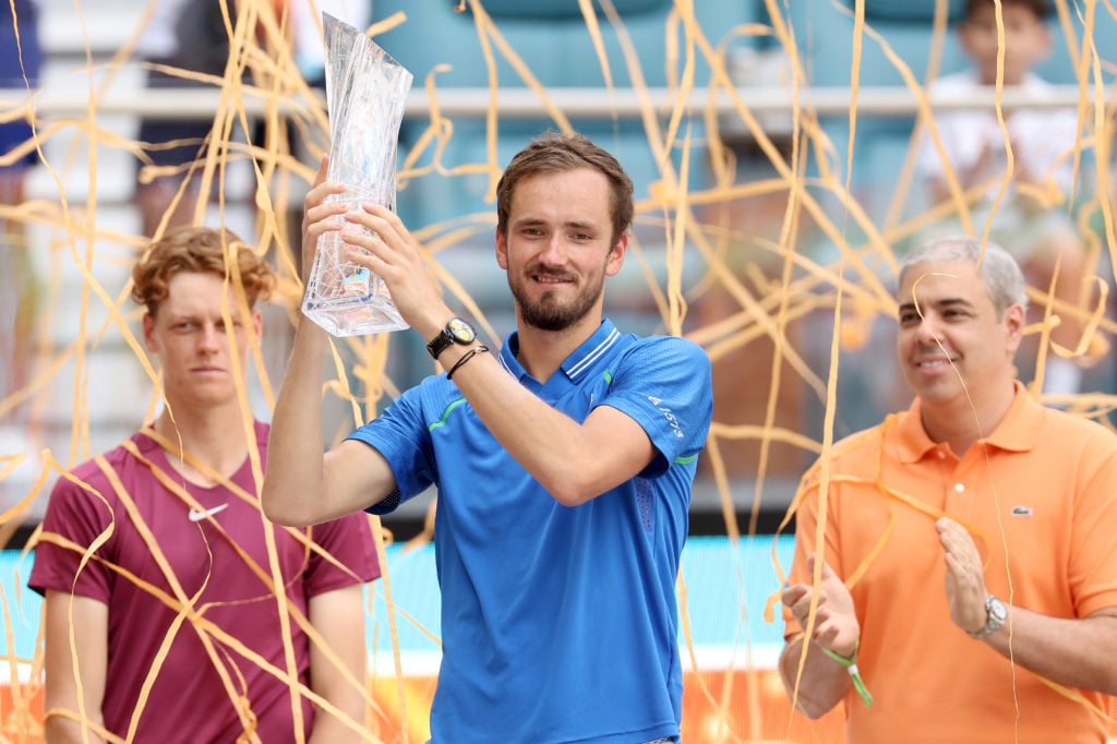 Daniil Medvedev poses with the Miami Open trophy after beating Jannik Sinner in the 2023 final.