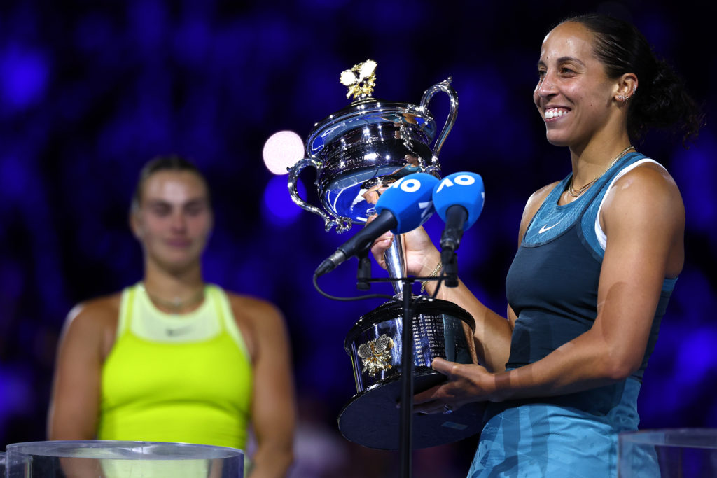 Aryna Sabalenka looks on as Madison Keys celebrates with the Australian Open title
