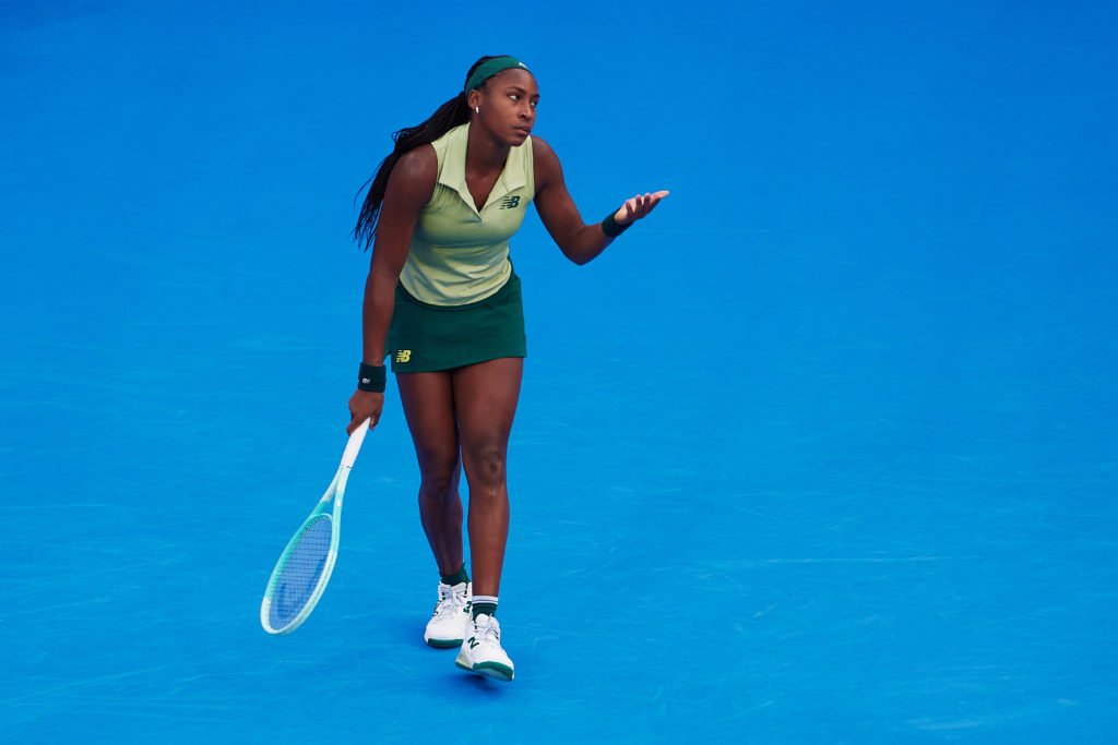 Coco Gauff reacts during her defeat at the 2025 Qatar Open