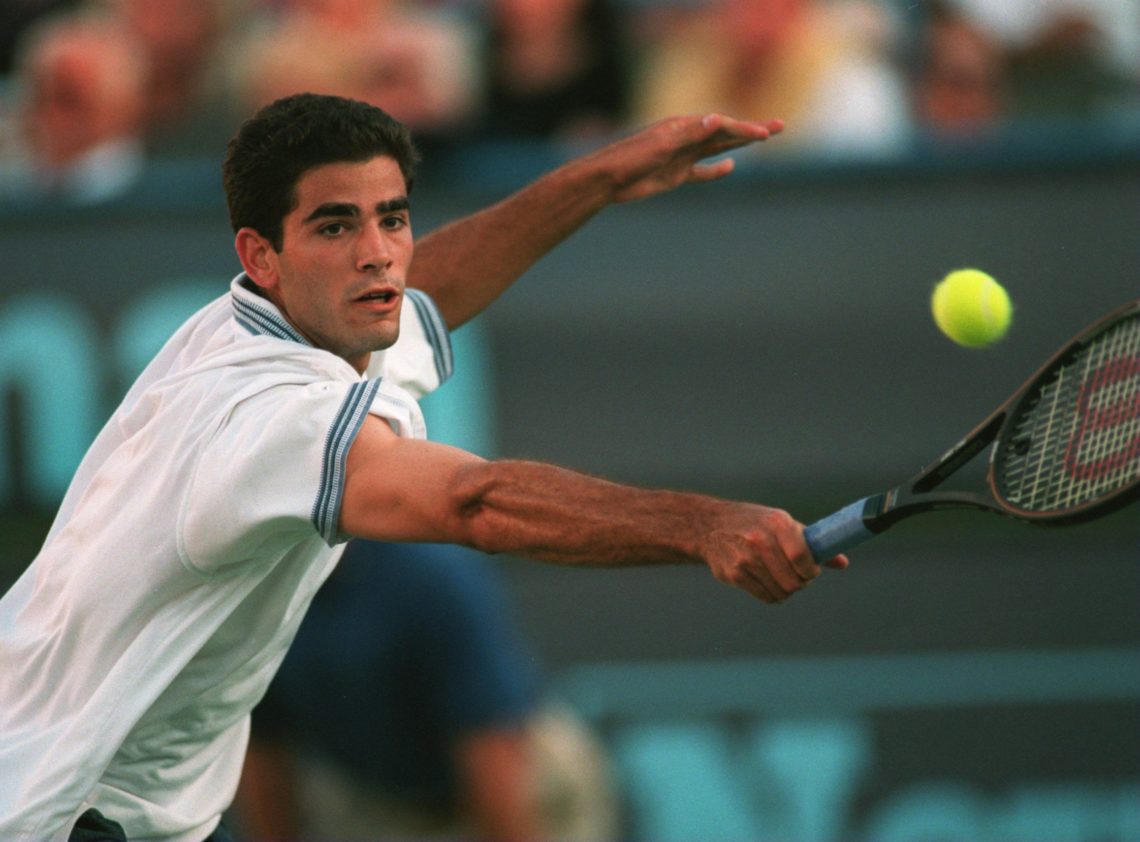 13 MAR 1995: PETE SAMPRAS HITS A BACKHAND IN HIS FINALS MATCH AGAINST ANDRE AGASSI DURING THE 1995 NEWSWEEK CHAMPIONS CUP IN INDIAN WELLS, CALIFO...