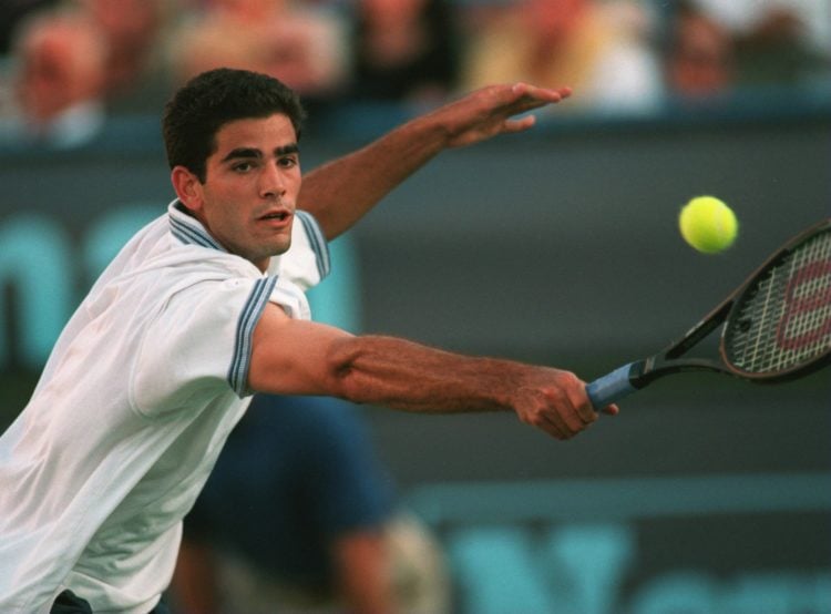 13 MAR 1995:  PETE SAMPRAS HITS A BACKHAND IN HIS FINALS MATCH AGAINST ANDRE AGASSI  DURING THE 1995 NEWSWEEK CHAMPIONS CUP IN INDIAN WELLS, CALIFO...