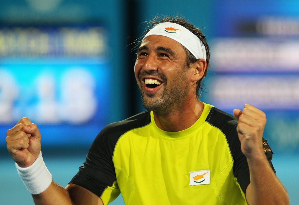 Marcos Baghdatis celebrates at the 2010 Medibank International