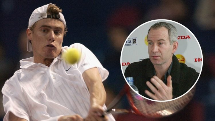 Lleyton Hewitt of Australia returns a shot to Marat Safin of Russia in match three of round robin play November 14, 2002. Inset, John McEnroe.