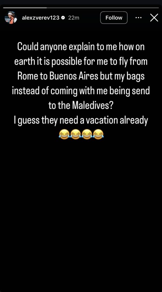 Alexander reveals his luggage went missing in Instagram story.