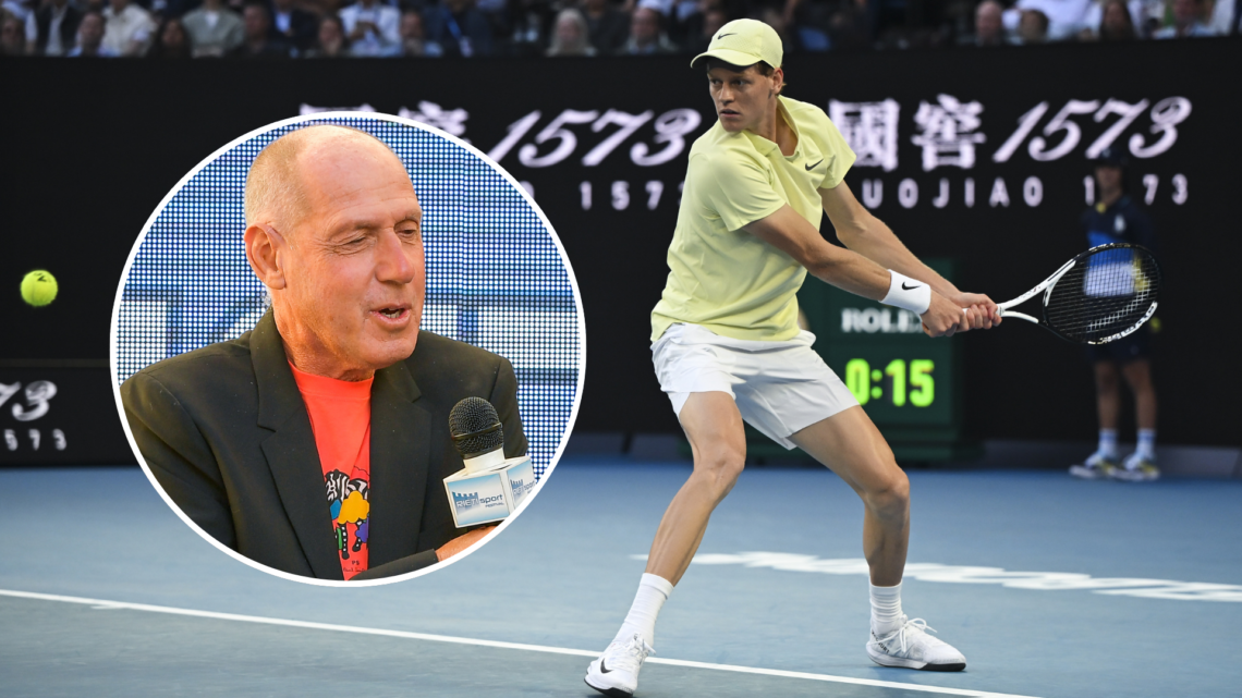 Jannik Sinner of Italy in action against Alexander Zverev of Germany (not seen) during Men's Singles Final at the Australian with an inset of Forme...