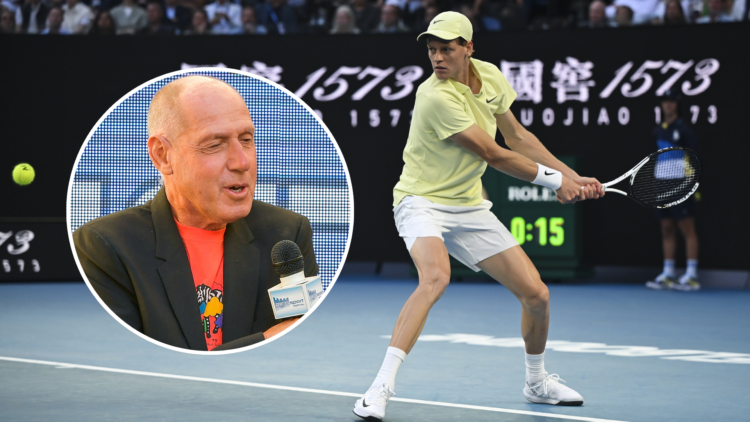 Jannik Sinner of Italy in action against Alexander Zverev of Germany (not seen) during Men's Singles Final at the Australian with an inset of Forme...
